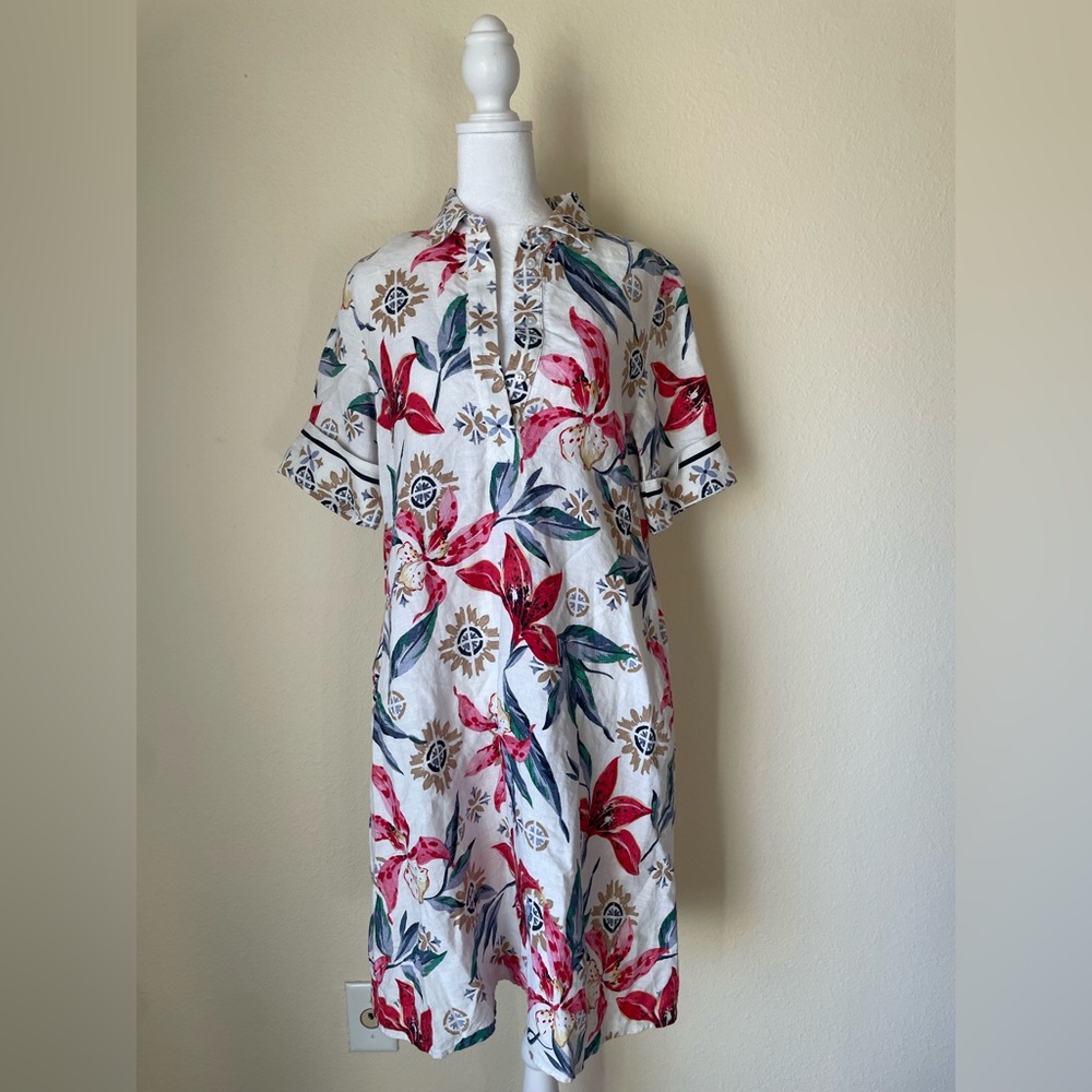 Chico’s 100% Linen Floral Popover Resortwear Shirt Dress Size 2